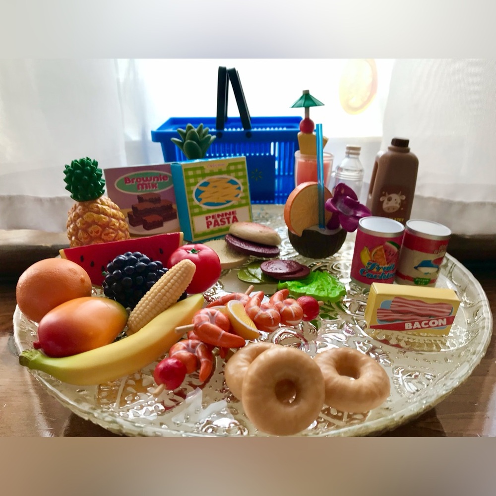 WALMART Mini Shopping Basket Hand Cart & Pretend Play Food American Doll Size